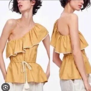 Zara one shoulder mustard top
